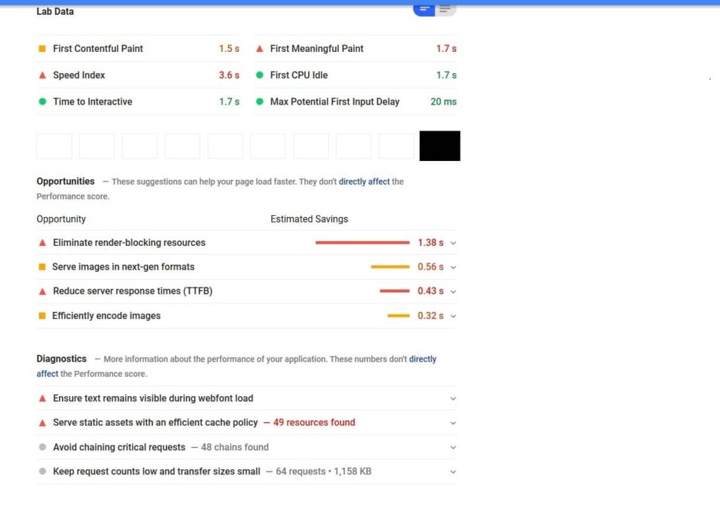 Negative data points for website page speed